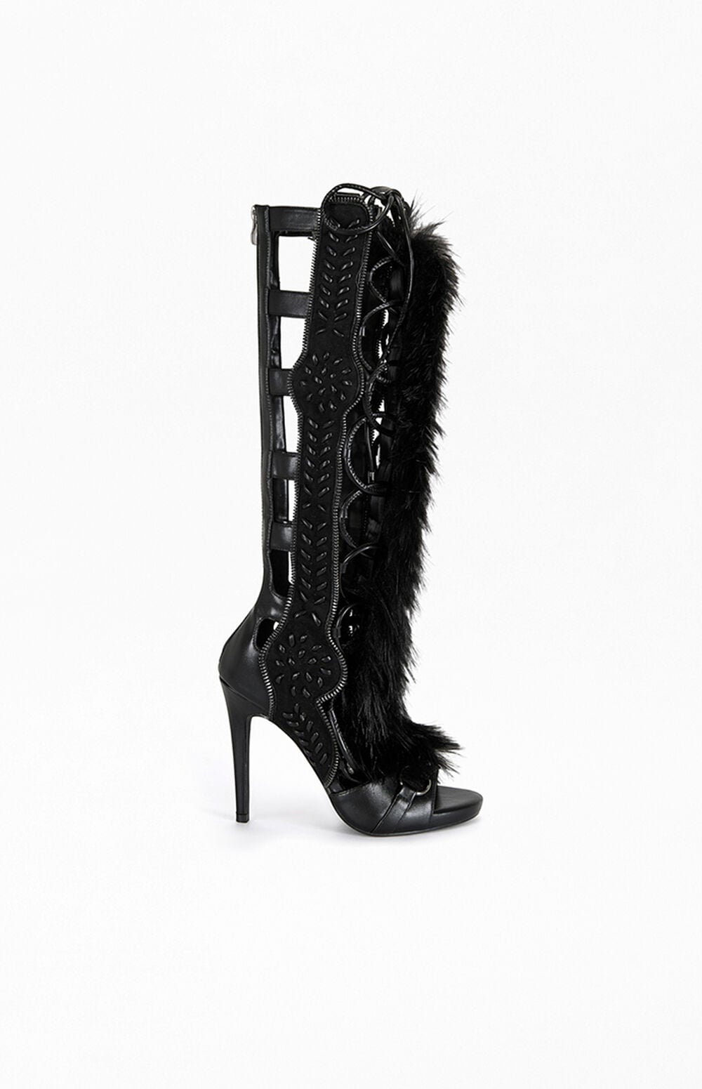 Women's Shaine Black Faux Fur Gladiator Sandal Boots