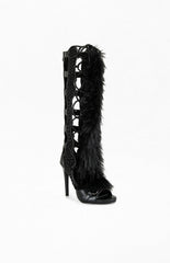 Women's Shaine Black Faux Fur Gladiator Sandal Boots