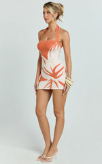Amy Mini Dress Knit Straight Halter Neck Bodycon Dress in Orange Intarsia Print