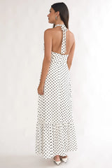 Romana High Neck Halter Maxi Dress Polka Dot White