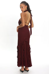 Lorielle One-Shoulder Ruffle Trim Maxi Dress Wine