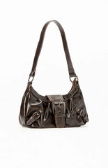 Brown Faux Leather Front Buckle Shoulder Bag