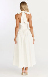Helda Midi Dress Halter Tie Neck Corset Panel Dress in Off White