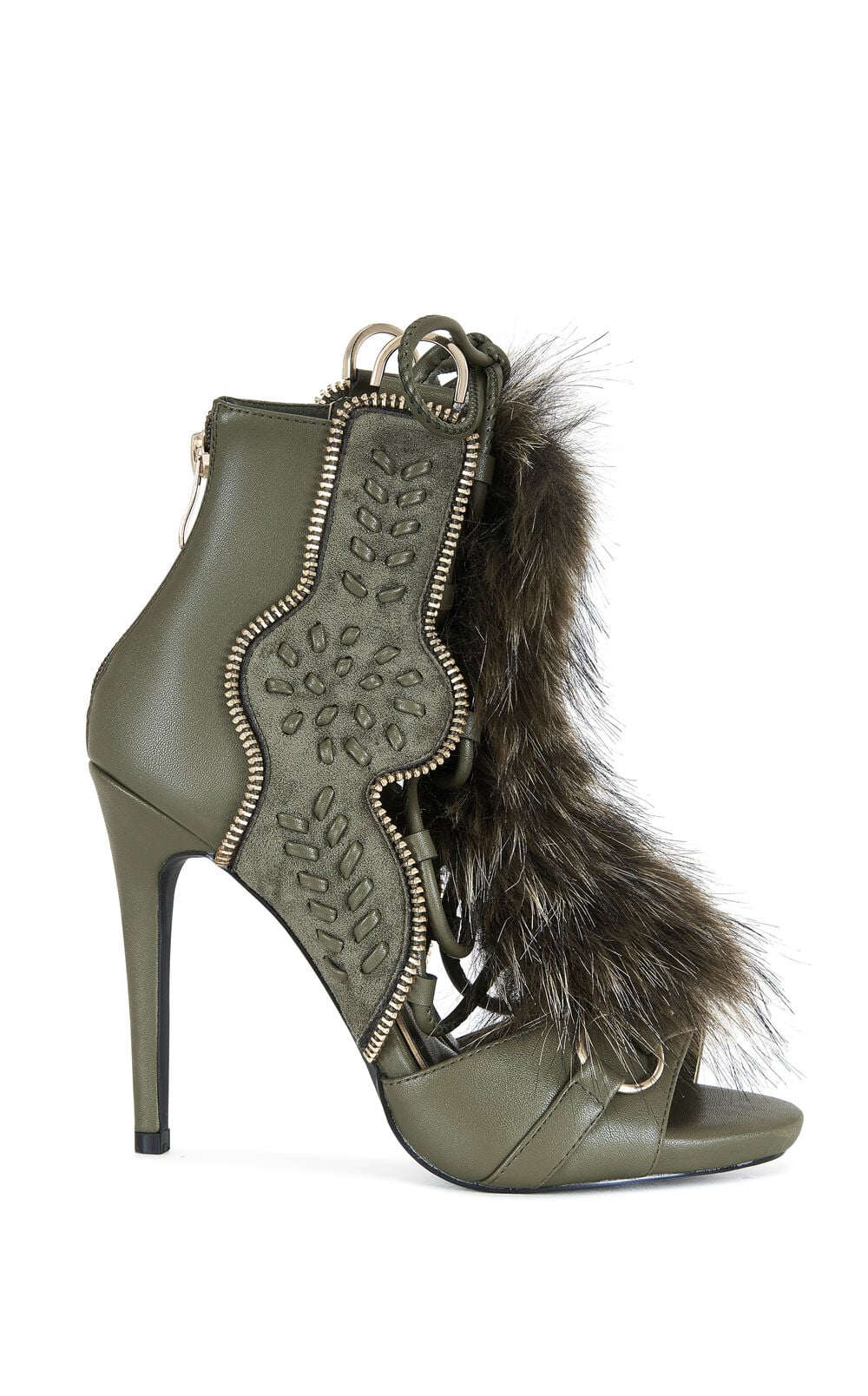 Women's Shainy Olive Faux Fur Gladiator Booties