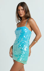 Savanna Mini Dress Strappy Ombre Sequin Shift Dress in Aqua