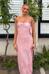 Gorgeous Sheath Spaghetti Straps Pink Long Prom Dress with Lace