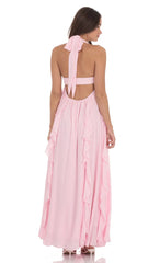 Halter Ruffle Babydoll Maxi Dress in Pink