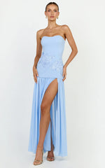 Jefferies Maxi Dress - Peplum Bodice Contrast Georgette Dress in Light Blue