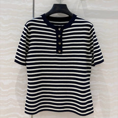 CD Striped Round-neck Knitted Top Navy Blue White Tencel