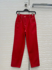 HM SS26 High-Waist Straight-Leg Denim Pants Red Cotton 351133
