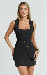 Phyllis Two Piece Set Tailored Scoop Neck Vest Top and A Line Mini Skirt Set with Gold Buttons in Black