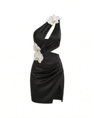 Orchid Embellished Cutout Mini Dress - Black