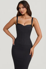 Layered Bra-Detail Fishtail Midaxi Dress in Black