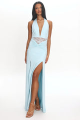 Swan Song Ruched Slit Maxi Dress Blue