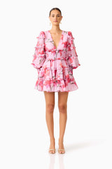 Fleuris Long Sleeve Mini Dress in Pink Floral