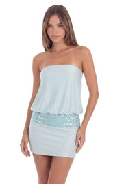 Sequin Blouson Strapless Mini Dress in Aqua