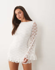 The Frolic Exclusive Boat Neck Open Back Frill Sleeve & Hem Mini Dress In White