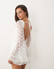The Frolic Exclusive Boat Neck Open Back Frill Sleeve & Hem Mini Dress In White