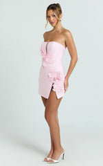 Dolores Mini Dress - Strapless Plunge Bodycon Leg Split Dress in Baby Pink
