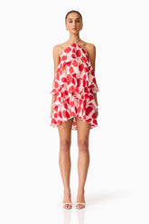 Melia Halter Mini Dress in Pink & Red Floral