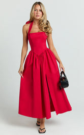 Helda Midi Dress Halter Tie Neck Corset Panel Dress in Red