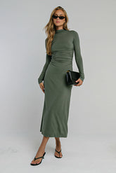 Ruth Ruched Midi Dress in Olive