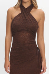 Karmella Ruched Halterneck Maxi Dress Chocolate