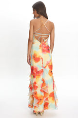 Charlisa Watercolour Floral Halter Maxi Dress Orange