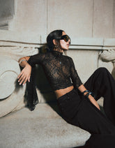 High-Neck Lace T-Shirt With Frill Sleeves