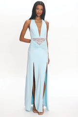 Swan Song Ruched Slit Maxi Dress Blue