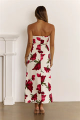 Floral Satin Strapless Folded Maxi Dress Red