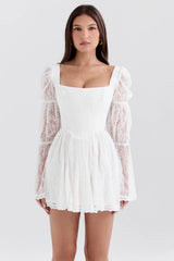 white lace puff sleeve mini dress