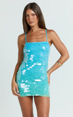 Savanna Mini Dress Strappy Ombre Sequin Shift Dress in Aqua