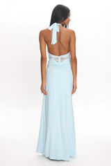 Swan Song Ruched Slit Maxi Dress Blue