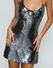 Moonchild sequin halterneck keyhole tie detail mini dress in gunmetal