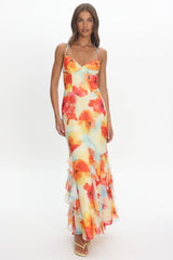 Charlisa Watercolour Floral Halter Maxi Dress Orange