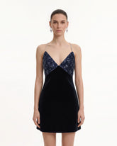 Beaded Floral Strappy Open-Back Mini Dress - Black & Navy