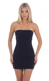 Strapless Sequin Mini Dress in Navy