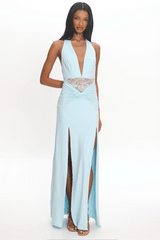Swan Song Ruched Slit Maxi Dress Blue