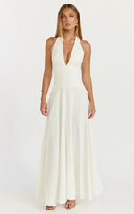Poppy Maxi Dress - Contrast Skirt Deep Plunge Halter Dress in Off White