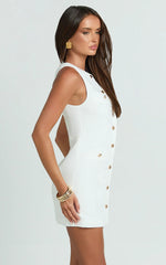 Alberta Mini Dress - Fitted Hardware Button Down Welt Pocket Dress in Off White