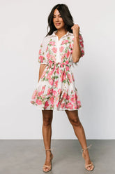 Antonella Short Dress | Off White + Pink Floral