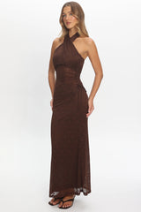 Karmella Ruched Halterneck Maxi Dress Chocolate