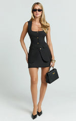 Phyllis Two Piece Set Tailored Scoop Neck Vest Top and A Line Mini Skirt Set with Gold Buttons in Black