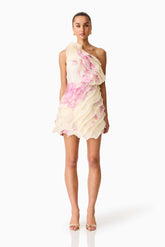 Rova One Shoulder Mini Dress in Cream & Pink Floral
