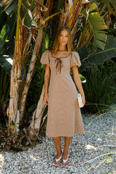 Elle Gingham Midi Dress in Tan