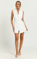 Romeo Mini Dress Front Tie Collared Flap Pocket Dress in White