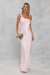 The Zafira One Shoulder Satin Maxi Dress Light Pink