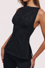 black cotton placement lace broderie anglaise boat neck top