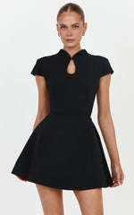 Bonnita Mini Dress - Fit And Flare Cap Sleeve Dress With Keyhole Cutout Detail in Black